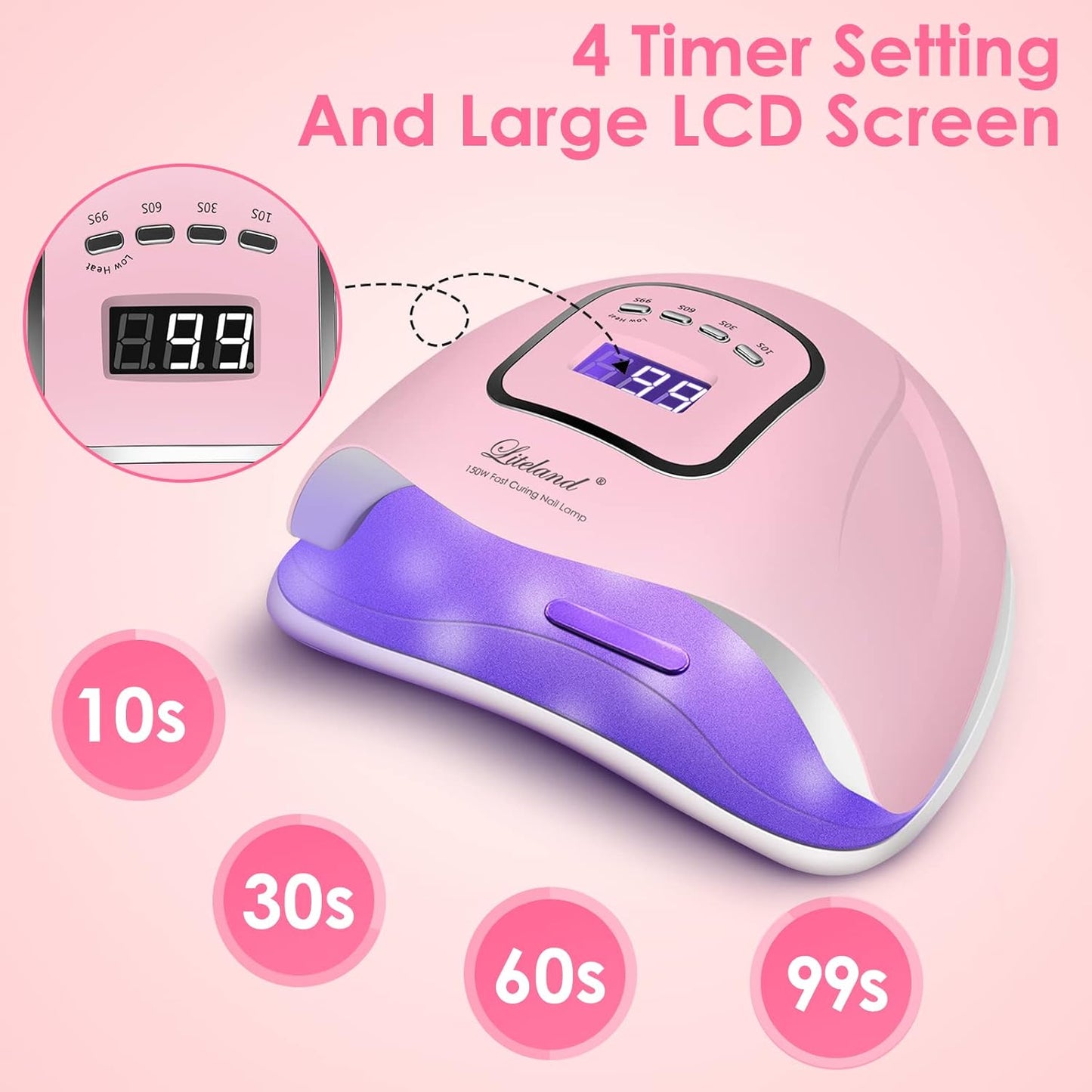 Liteland Drying Nail 150W LED Nail Lamp Gel Polish Curing, Pink