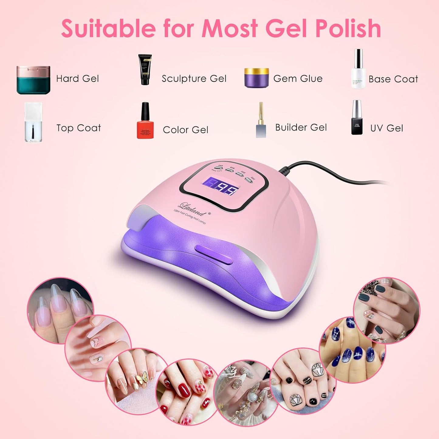 Liteland Drying Nail 150W LED Nail Lamp Gel Polish Curing, Pink