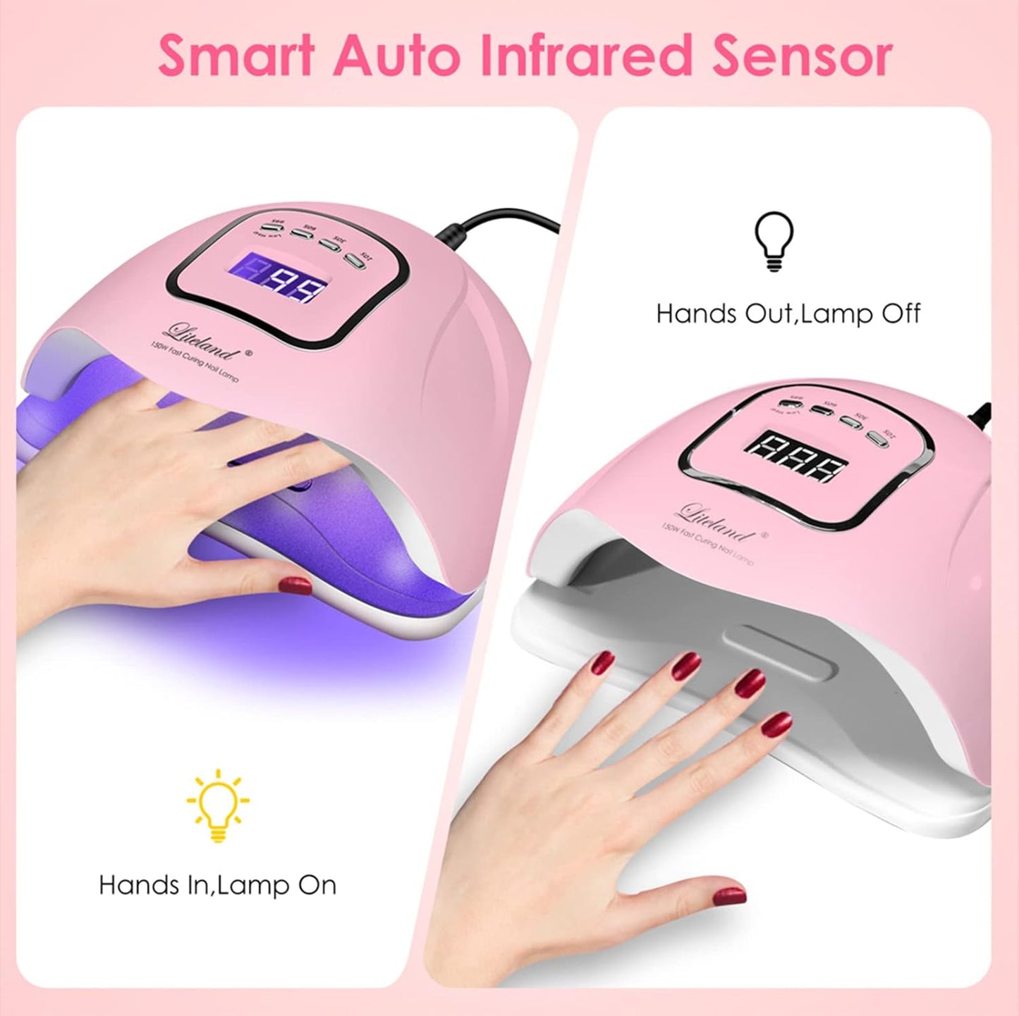 Liteland Drying Nail 150W LED Nail Lamp Gel Polish Curing, Pink